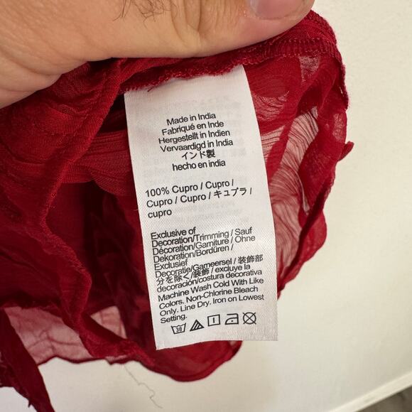 J.Crew Sheer Lace-trim Button-up Shirt 4 Red Cupro Crinkle Short Sleeve Pintuck - Picture 6 of 7